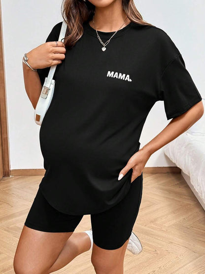 Maternity Tie Dye 2-Piece Set - Drop Shoulder Tee & Biker Shorts, Loose Fit, Multicolor