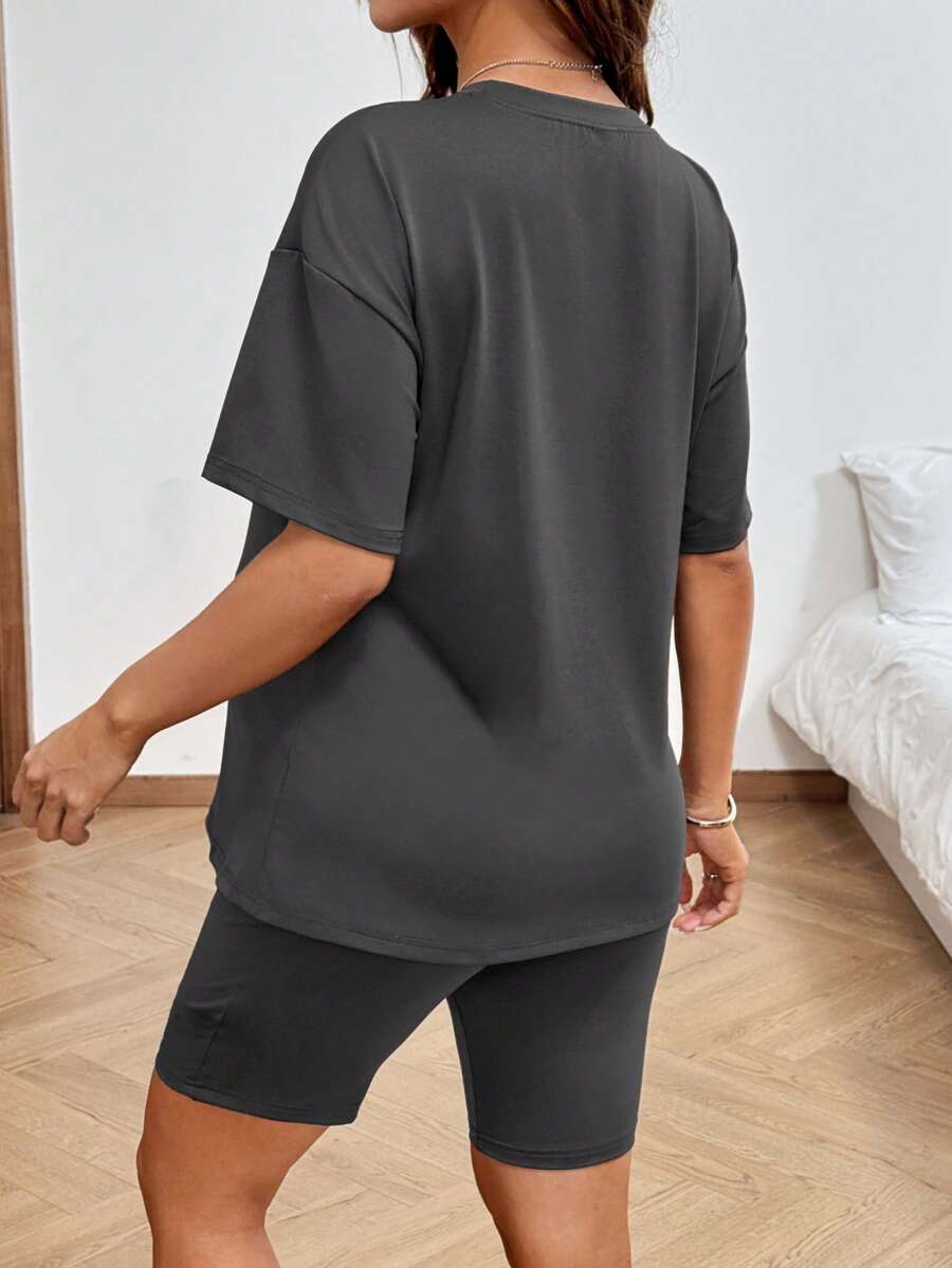 Maternity Summer Two Piece Lounge Set Brown Mama Print Loose Tee and Adjustable Elastic Cycling Shorts Casual Holiday Outfit