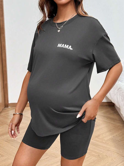 Maternity Summer Two Piece Lounge Set Brown Mama Print Loose Tee and Adjustable Elastic Cycling Shorts Casual Holiday Outfit