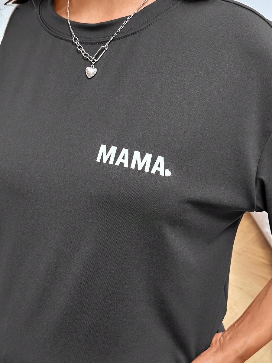 Maternity Summer Two Piece Lounge Set Brown Mama Print Loose Tee and Adjustable Elastic Cycling Shorts Casual Holiday Outfit