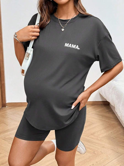 Maternity Summer Two Piece Lounge Set Brown Mama Print Loose Tee and Adjustable Elastic Cycling Shorts Casual Holiday Outfit