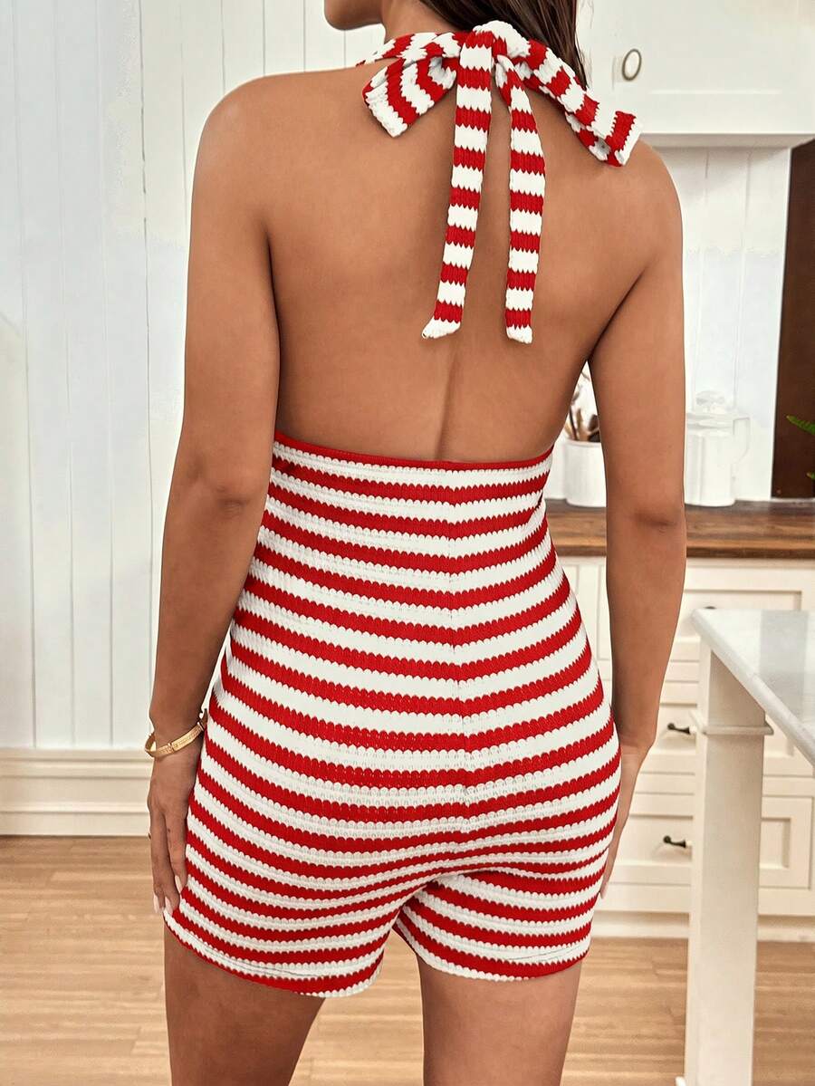 Red Striped Halter Maternity Jumpsuit - Backless Bow Detail Night Out Unitard - Skinny Fit High Waist Summer Romper