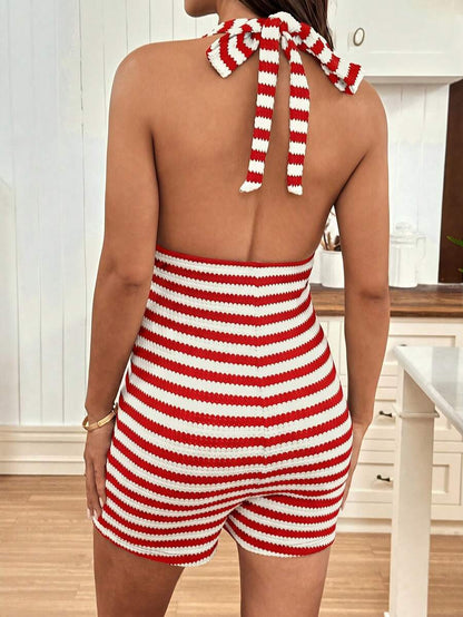 Striped Maternity Jumpsuit Halter Neck Sleeveless Bow Back High Waist Skinny Fit Knit Romper in Apricot for Date Night