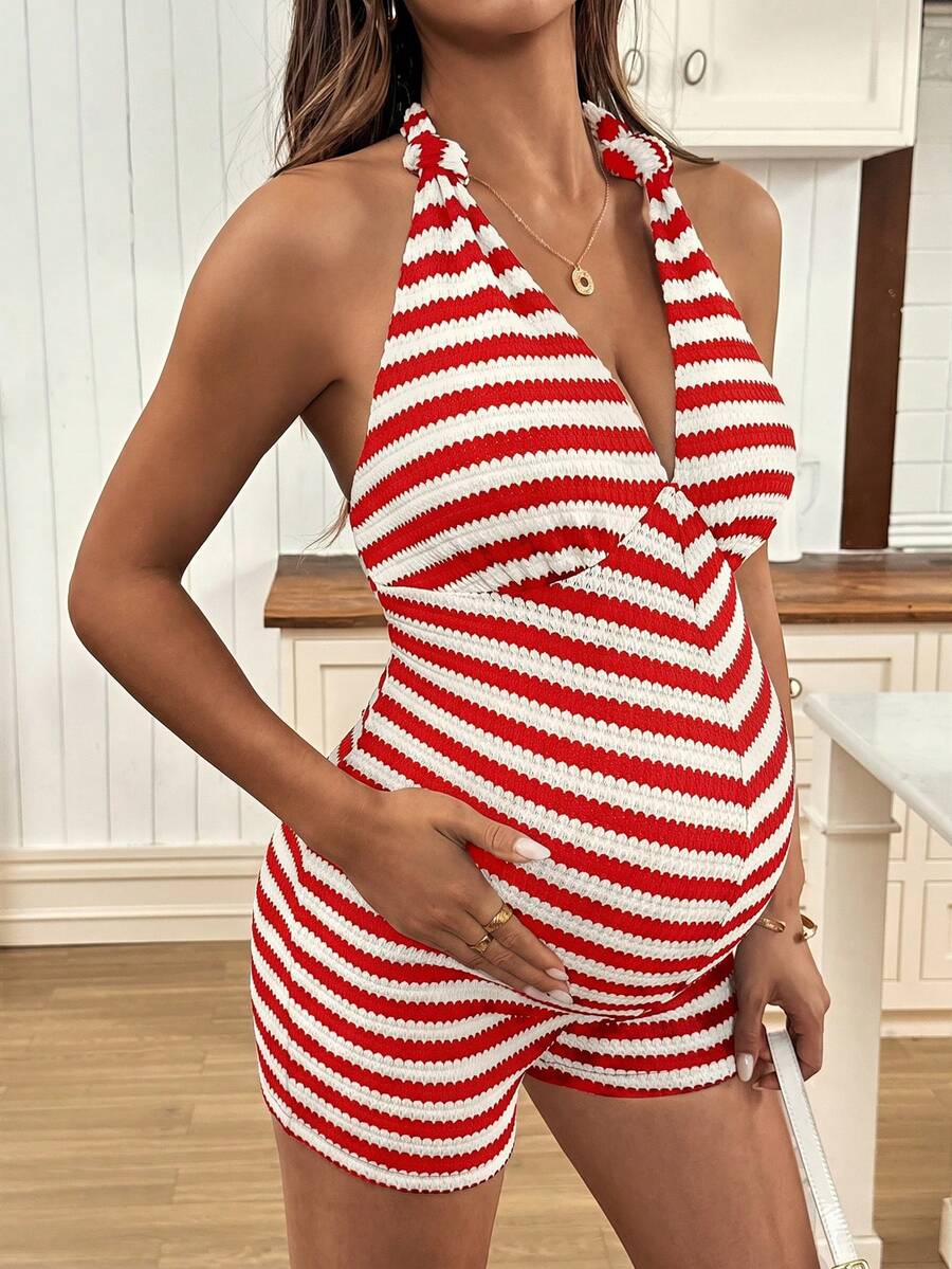 Striped Maternity Jumpsuit Halter Neck Sleeveless Bow Back High Waist Skinny Fit Knit Romper in Apricot for Date Night