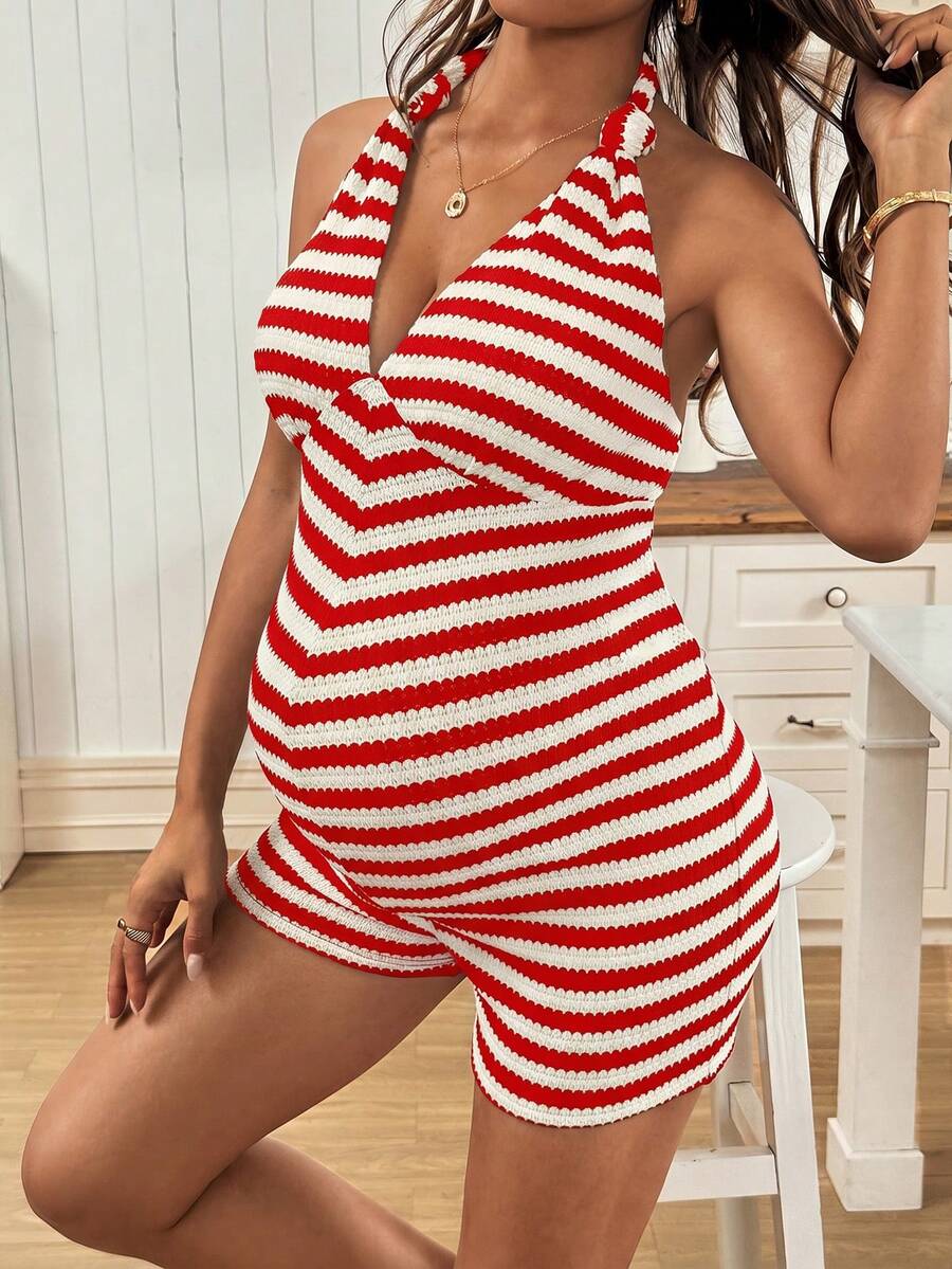 Red Striped Halter Maternity Jumpsuit - Backless Bow Detail Night Out Unitard - Skinny Fit High Waist Summer Romper