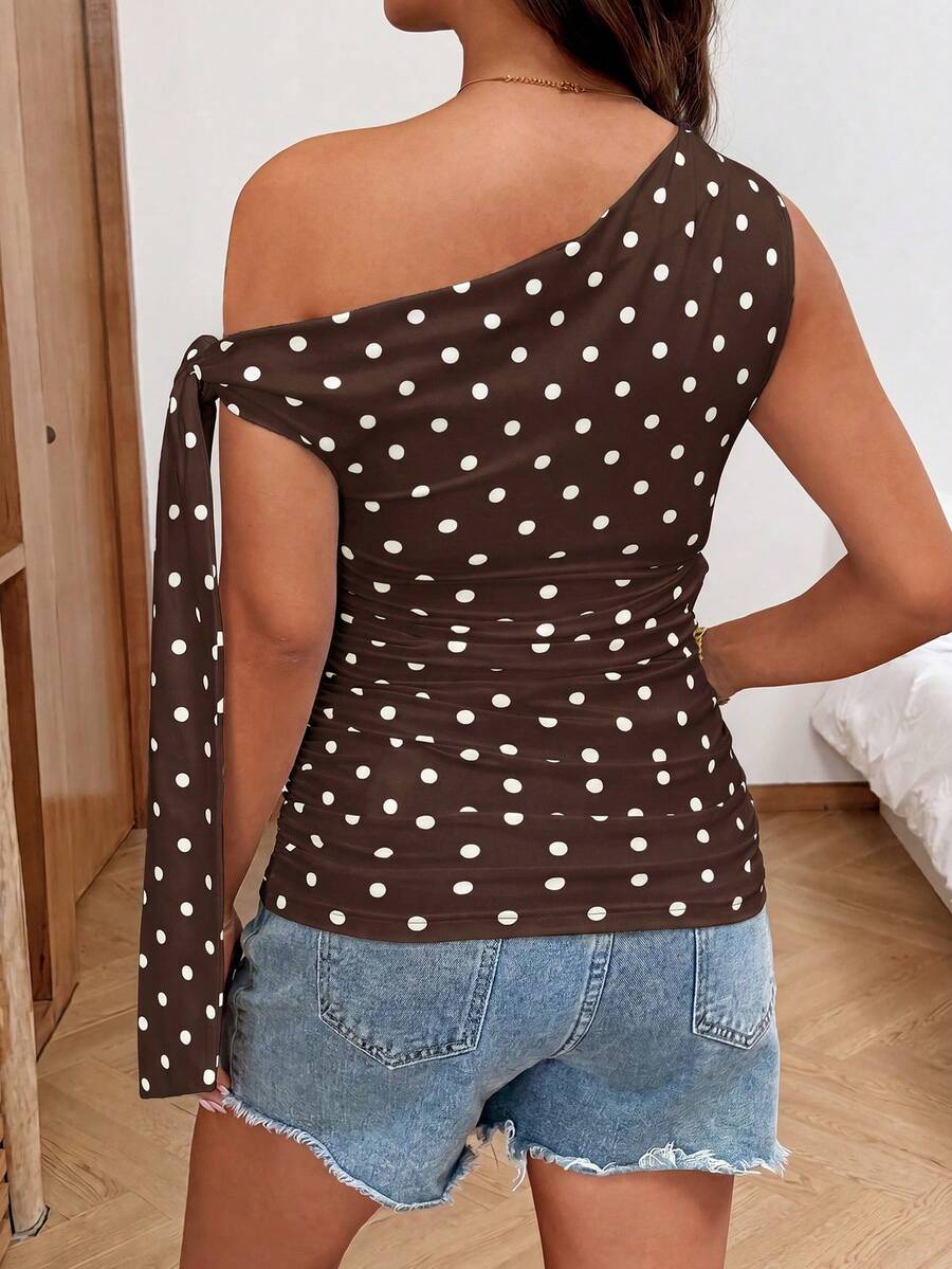 Polka Dot Maternity Twist Front Asymmetric Neck T-Shirt - Sleeveless Lace Up Split Sleeve Stylish Holiday Top
