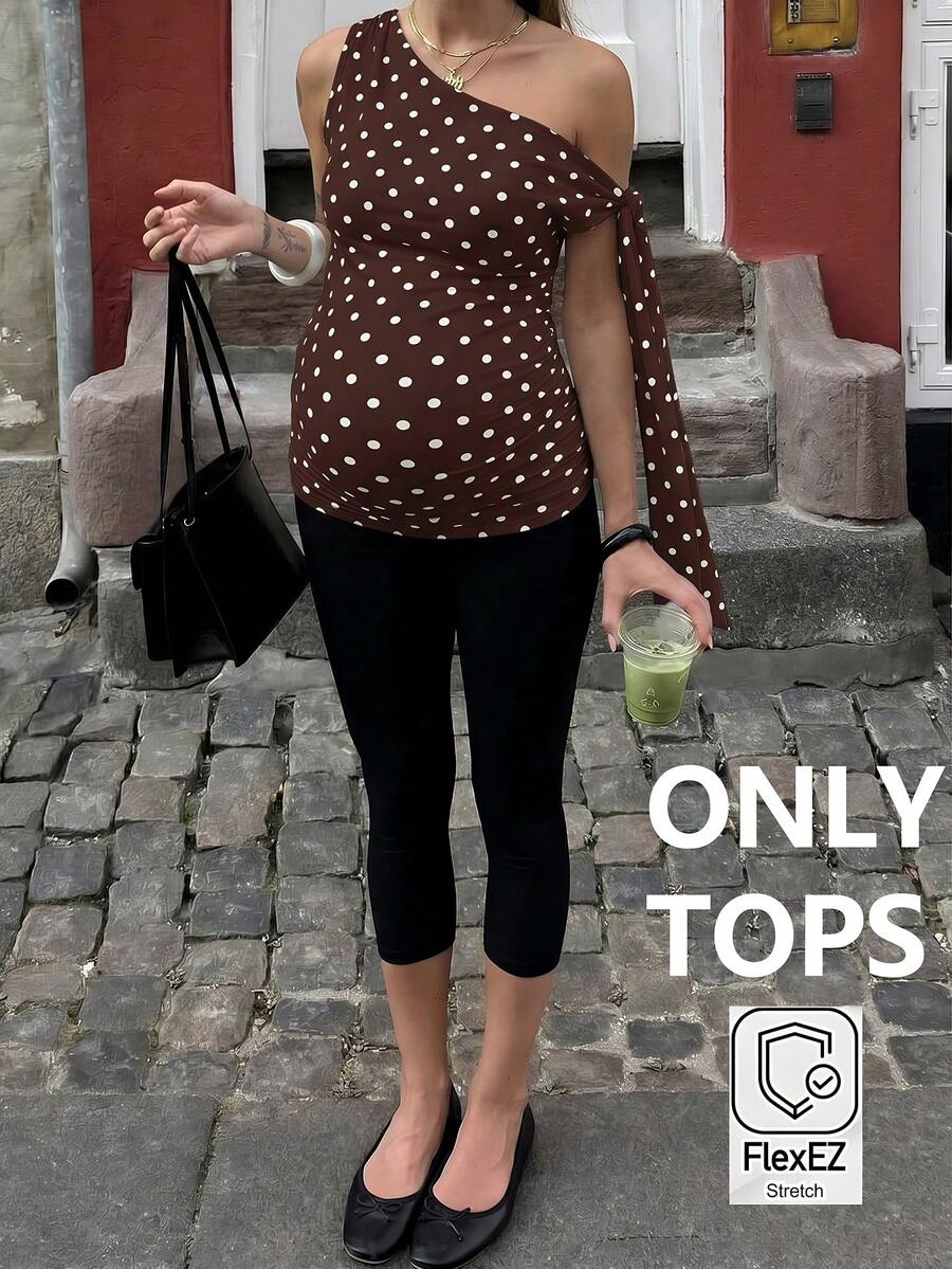 Polka Dot Maternity Twist Front Asymmetric Neck T-Shirt - Sleeveless Lace Up Split Sleeve Stylish Holiday Top