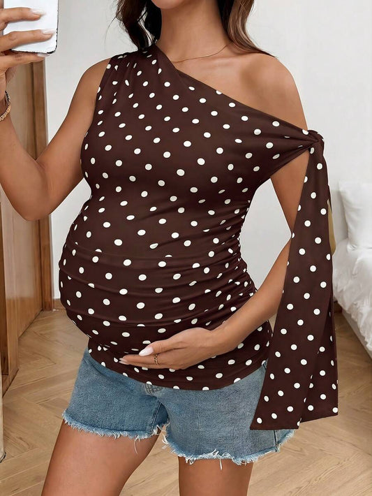 Polka Dot Maternity Twist Front Asymmetric Neck T-Shirt - Sleeveless Lace Up Split Sleeve Stylish Holiday Top
