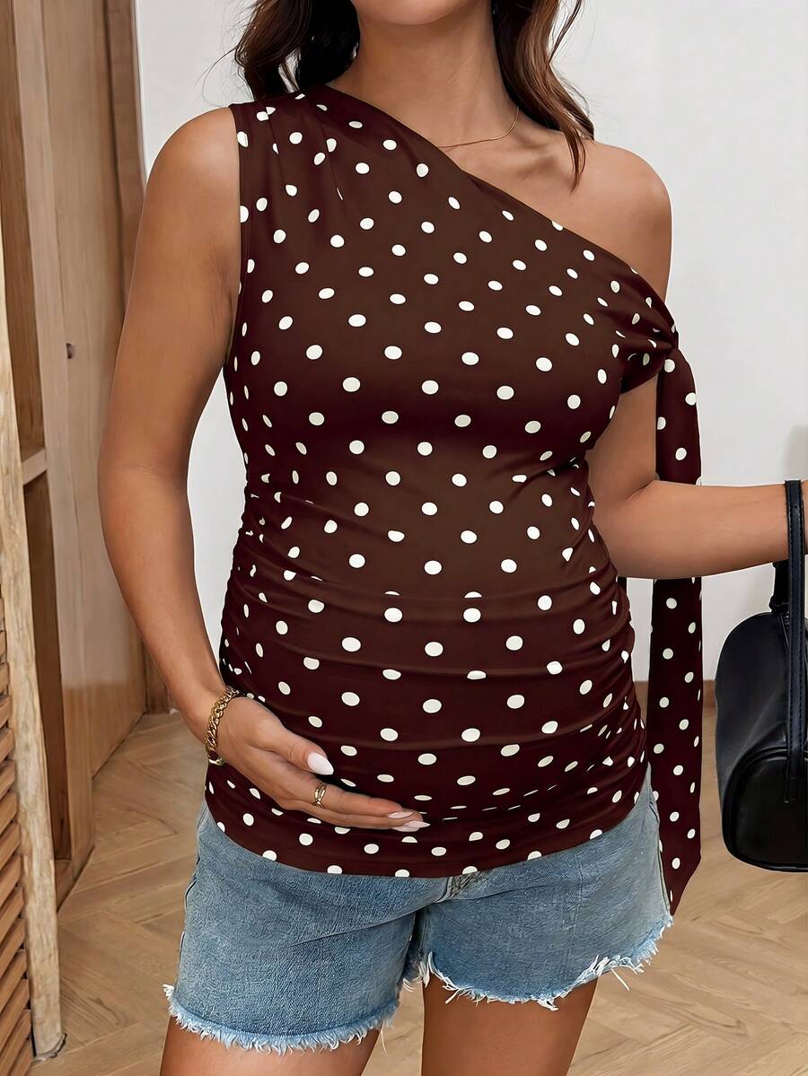 Polka Dot Maternity Twist Front Asymmetric Neck T-Shirt - Sleeveless Lace Up Split Sleeve Stylish Holiday Top