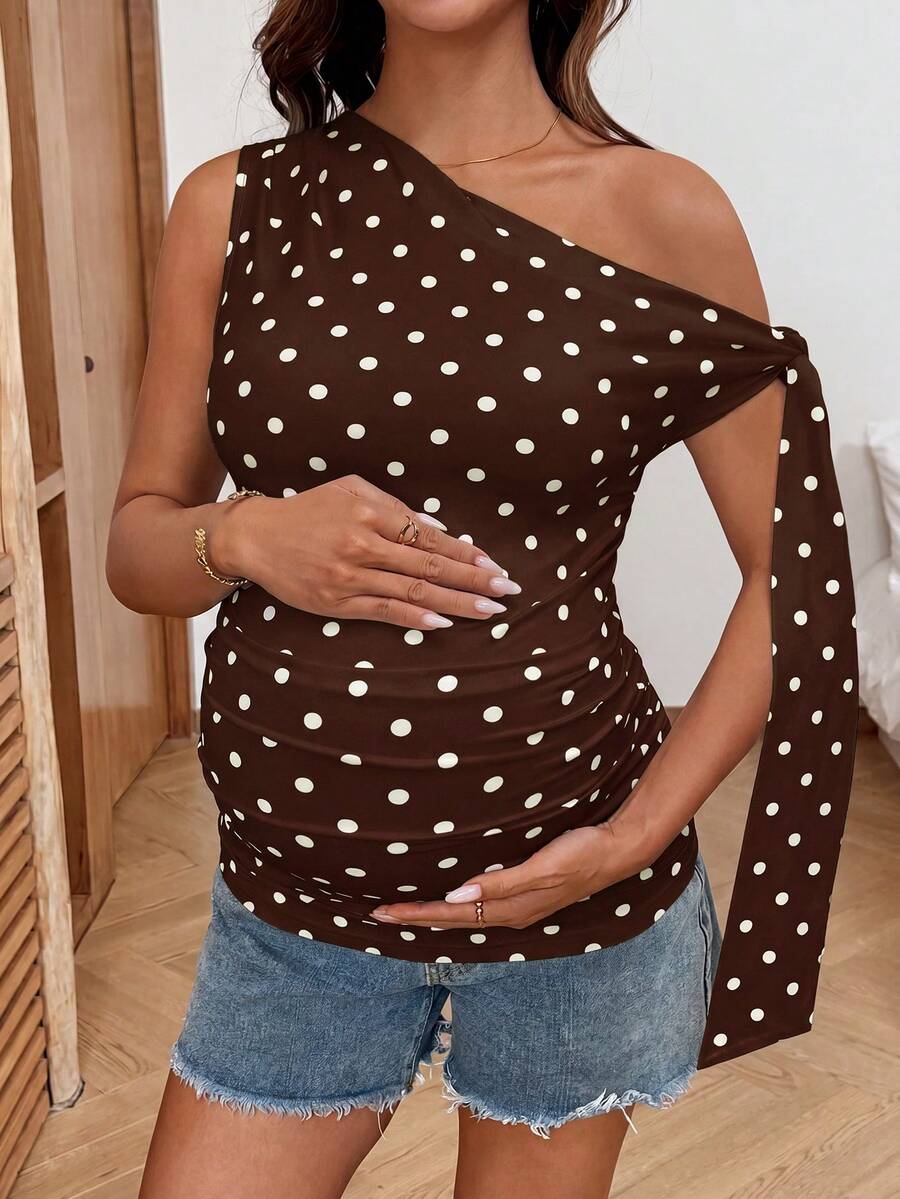 Polka Dot Maternity Twist Front Asymmetric Neck T-Shirt - Sleeveless Lace Up Split Sleeve Stylish Holiday Top