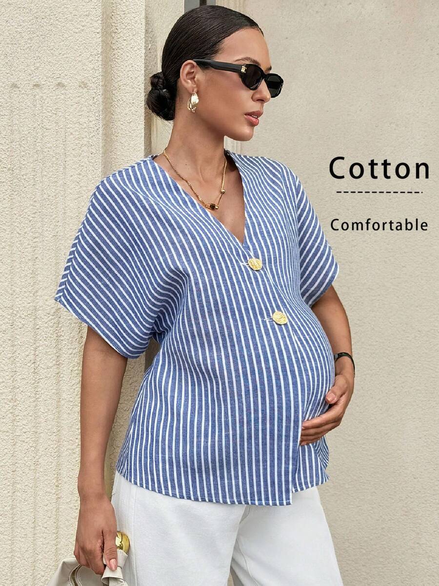 Khaki Color-Blocked Maternity Work Top with Metallic Buttons Elegant V-Neck Batwing Sleeve Commuting and Night Out Blouse