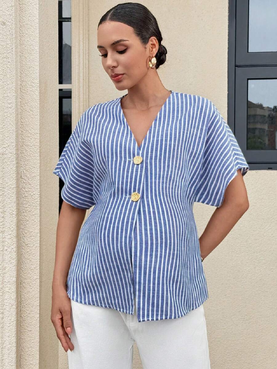 Khaki Color-Blocked Maternity Work Top with Metallic Buttons Elegant V-Neck Batwing Sleeve Commuting and Night Out Blouse