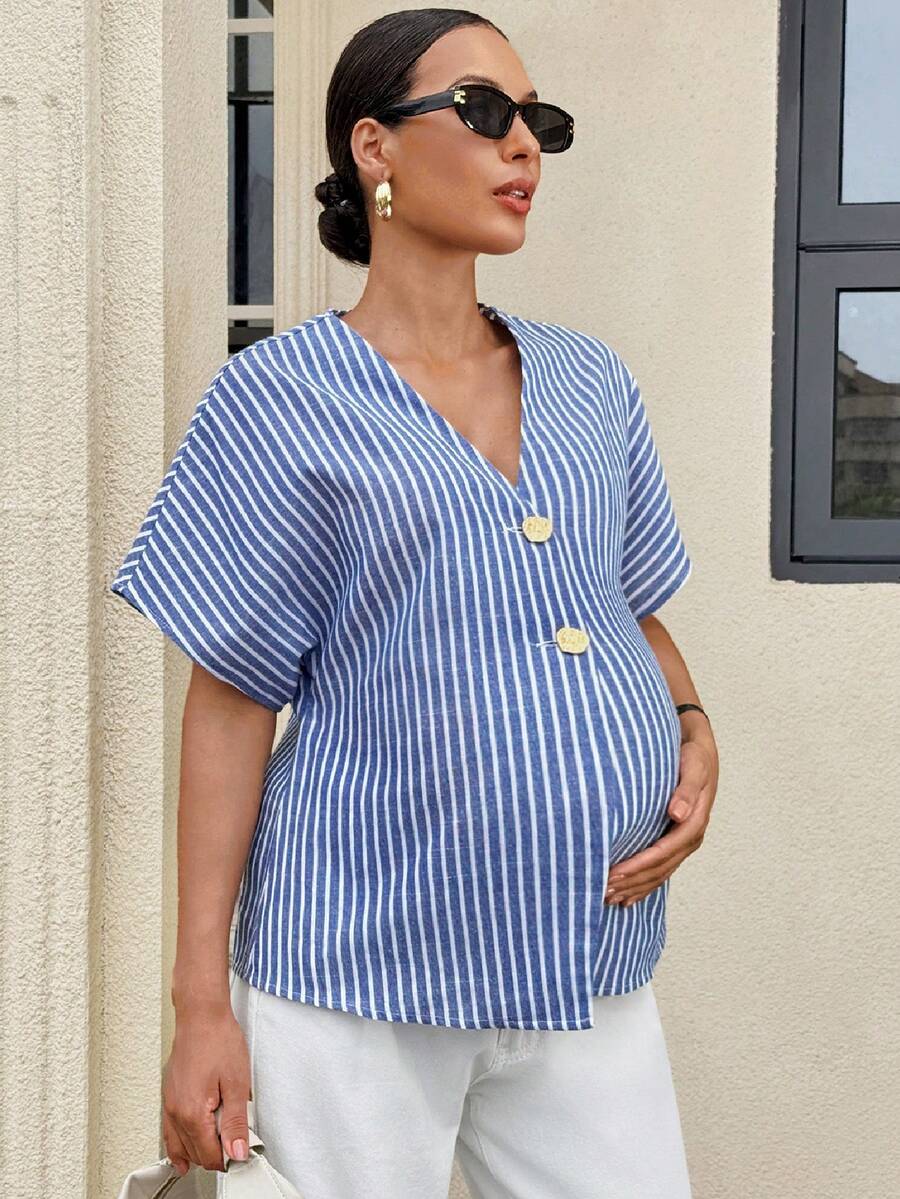Khaki Color-Blocked Maternity Work Top with Metallic Buttons Elegant V-Neck Batwing Sleeve Commuting and Night Out Blouse