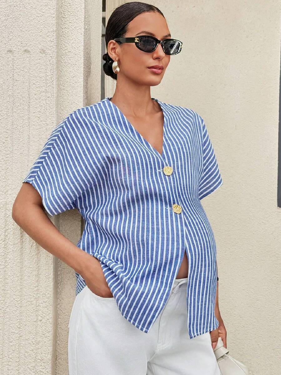 Khaki Color-Blocked Maternity Work Top with Metallic Buttons Elegant V-Neck Batwing Sleeve Commuting and Night Out Blouse