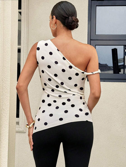 Polka Dot Off Shoulder Maternity Top with Asymmetrical Neck and Ruched Detail - Elegant White and Black Slim Fit Work to Weekend Shirt