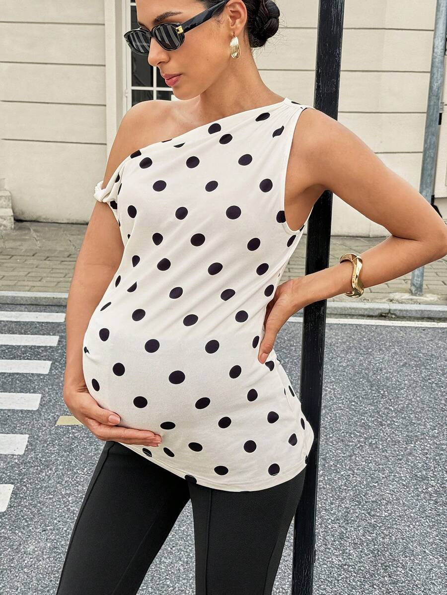 Polka Dot Off Shoulder Maternity Top with Asymmetrical Neck and Ruched Detail - Elegant White and Black Slim Fit Work to Weekend Shirt