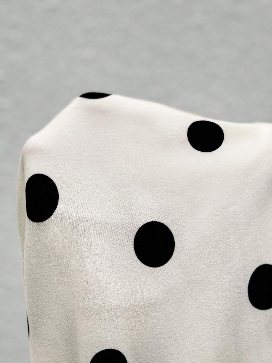 Polka Dot Off Shoulder Maternity Top with Asymmetrical Neck and Ruched Detail - Elegant White and Black Slim Fit Work to Weekend Shirt