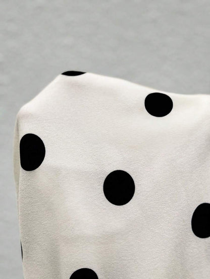 Polka Dot Off Shoulder Maternity Top with Asymmetrical Neck and Ruched Detail - Elegant White and Black Slim Fit Work to Weekend Shirt
