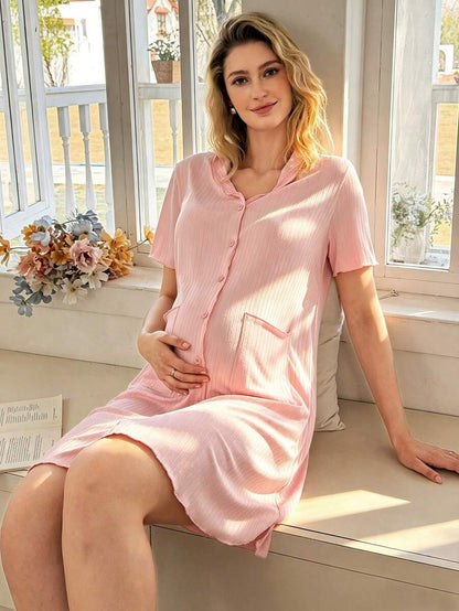 BloomMama Maternity Nursing Dress - Pink Lapel Cardigan Wave Trim Casual Sleepwear, Nightdress