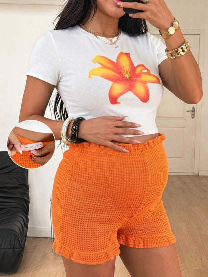 Maternity Floral Print 2 Piece Short Set White Colorblock Crop Tee and High Stretch Mini Shorts Summer Casual Beach Vacation Outfit