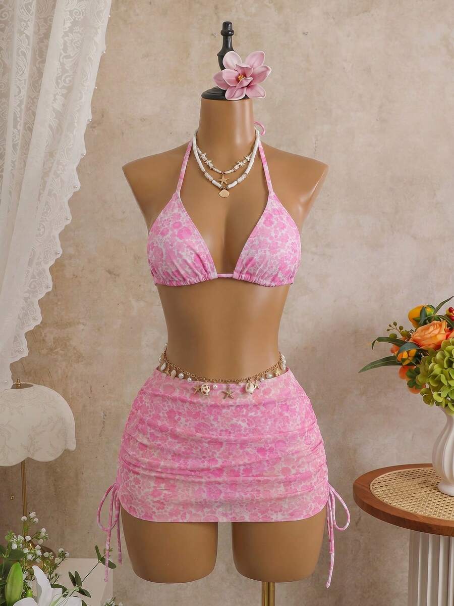 Women's 3-Piece Leopard Print Bikini Set - Halter Triangle Cup, Mesh Skirt, Tie Side, Multicolor