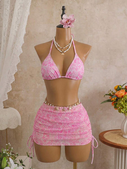 Women's 3-Piece Leopard Print Bikini Set - Halter Triangle Cup, Mesh Skirt, Tie Side, Multicolor
