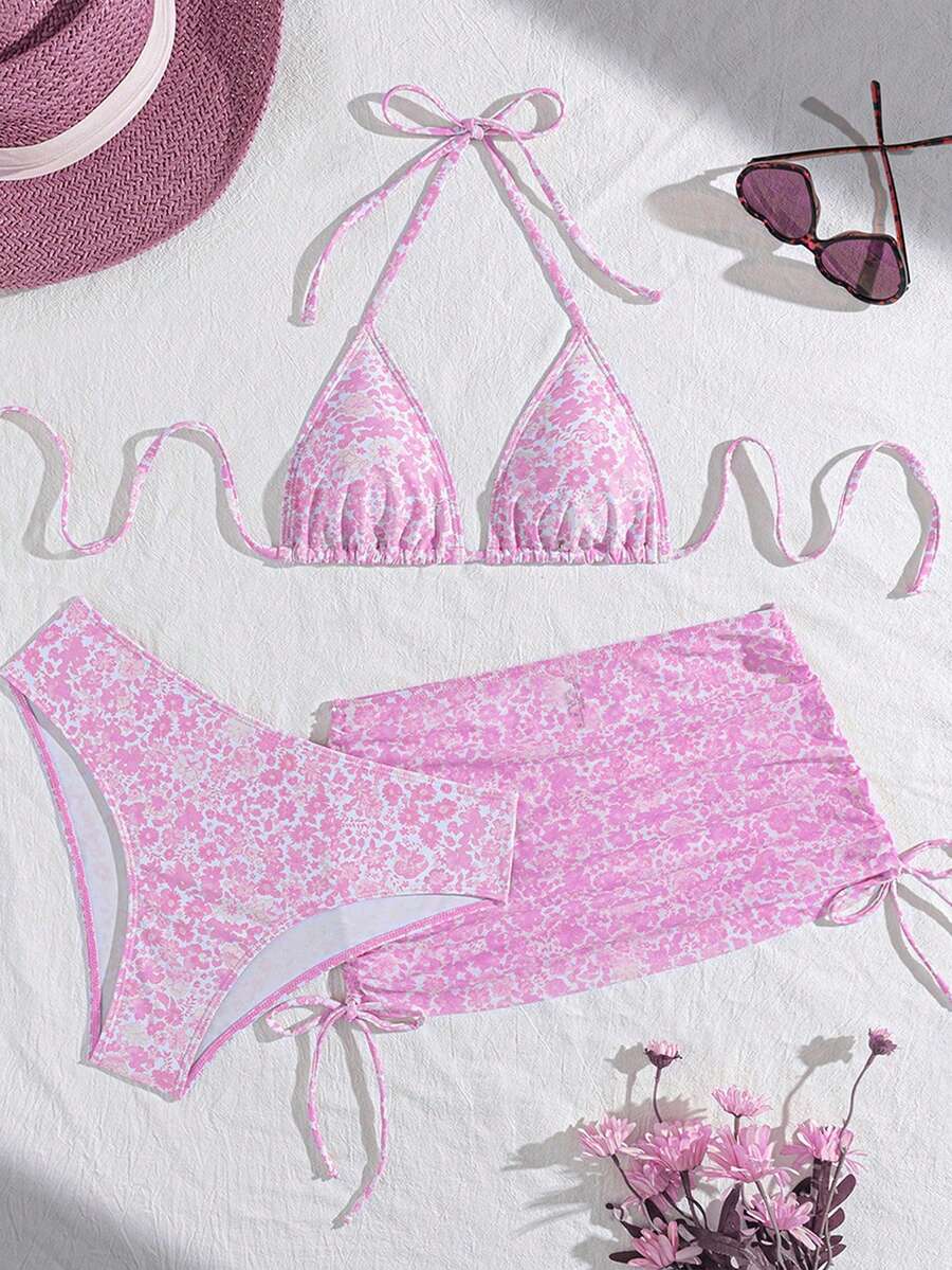 Women's 3-Piece Leopard Print Bikini Set - Halter Triangle Cup, Mesh Skirt, Tie Side, Multicolor