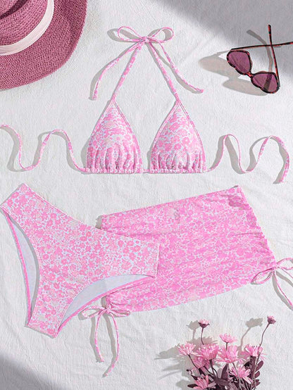 Women's 3-Piece Leopard Print Bikini Set - Halter Triangle Cup, Mesh Skirt, Tie Side, Multicolor
