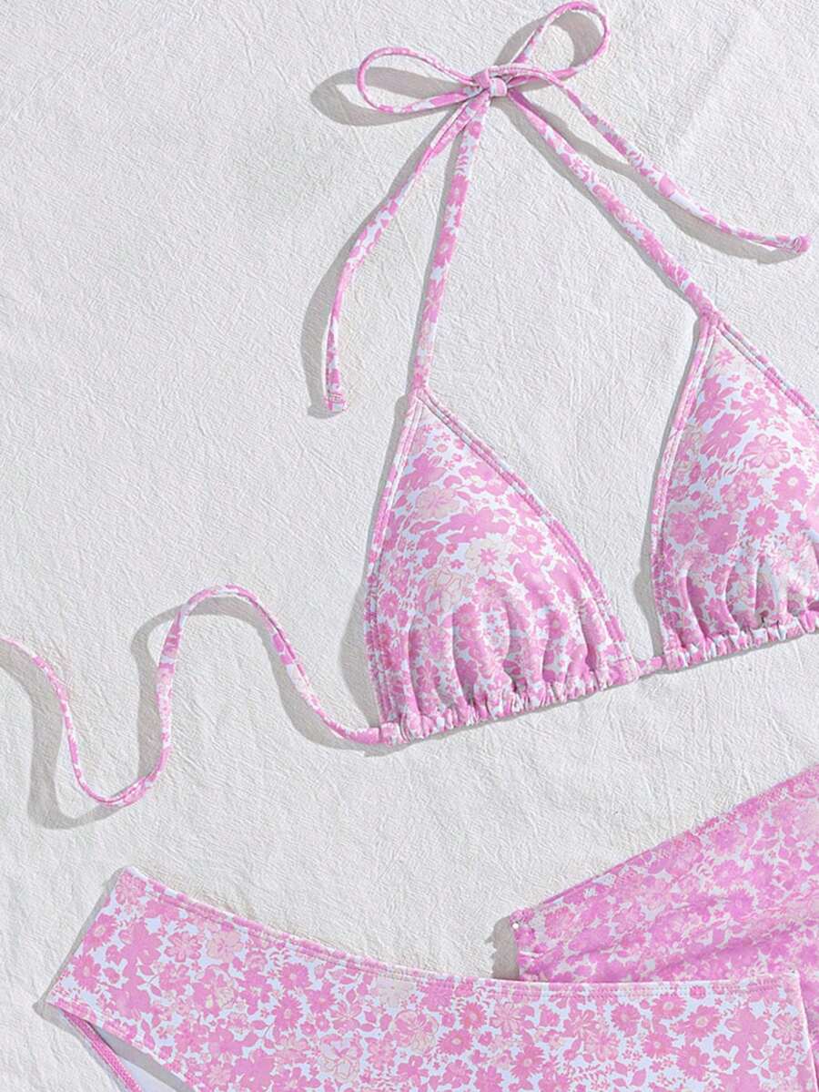 Women's 3-Piece Leopard Print Bikini Set - Halter Triangle Cup, Mesh Skirt, Tie Side, Multicolor