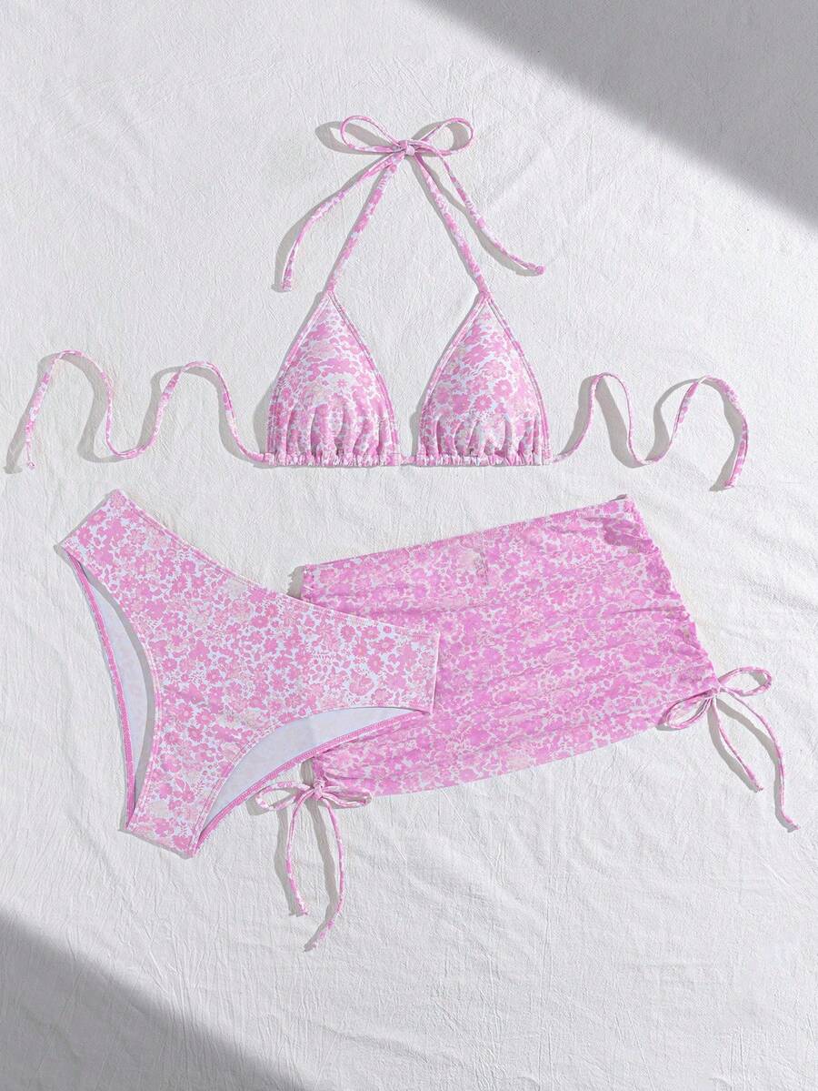 Women's 3-Piece Leopard Print Bikini Set - Halter Triangle Cup, Mesh Skirt, Tie Side, Multicolor