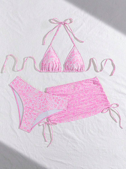 Women's 3-Piece Leopard Print Bikini Set - Halter Triangle Cup, Mesh Skirt, Tie Side, Multicolor