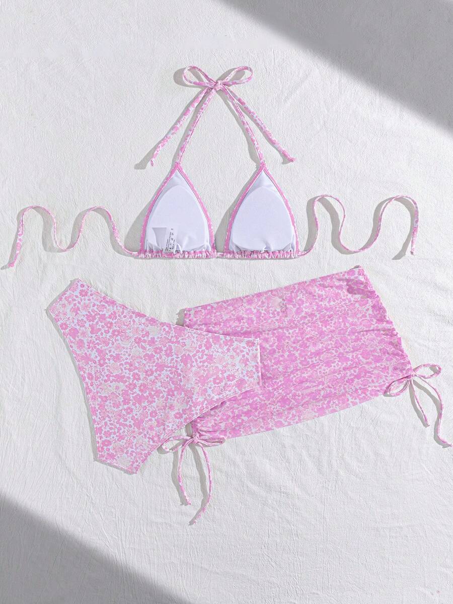 Women's 3-Piece Leopard Print Bikini Set - Halter Triangle Cup, Mesh Skirt, Tie Side, Multicolor