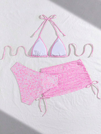 Women's 3-Piece Leopard Print Bikini Set - Halter Triangle Cup, Mesh Skirt, Tie Side, Multicolor