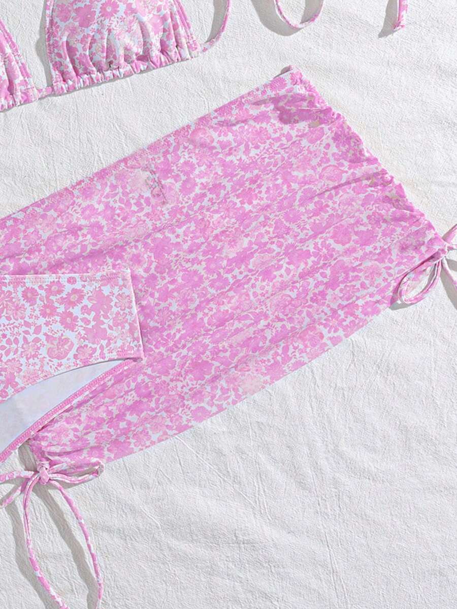 Women's 3-Piece Leopard Print Bikini Set - Halter Triangle Cup, Mesh Skirt, Tie Side, Multicolor