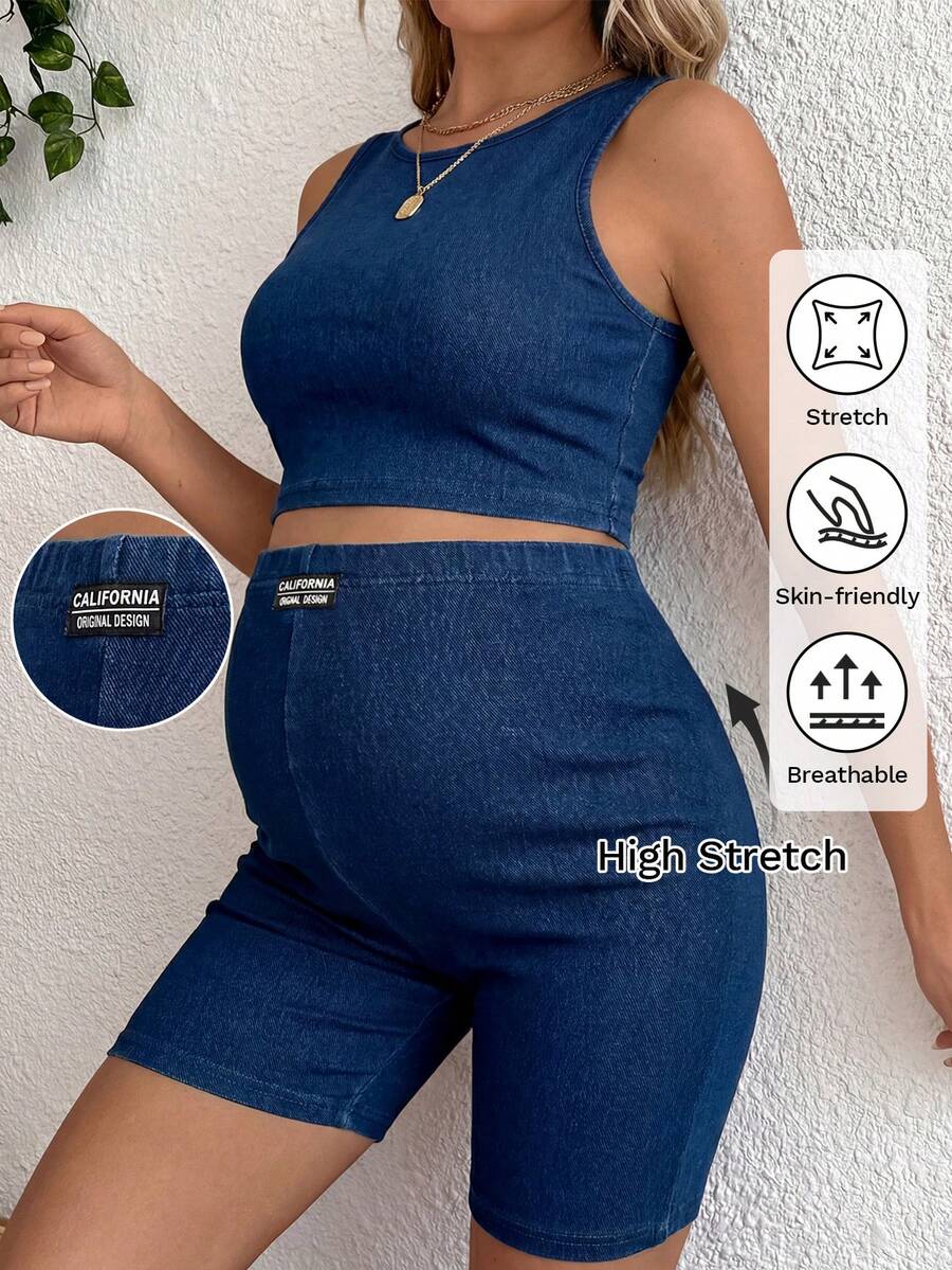 Blue Maternity Round Neck Cropped Tank Top and Letter Print Denim Shorts 2 Piece Set - Slim Fit Sleeveless Summer Y2K Streetwear