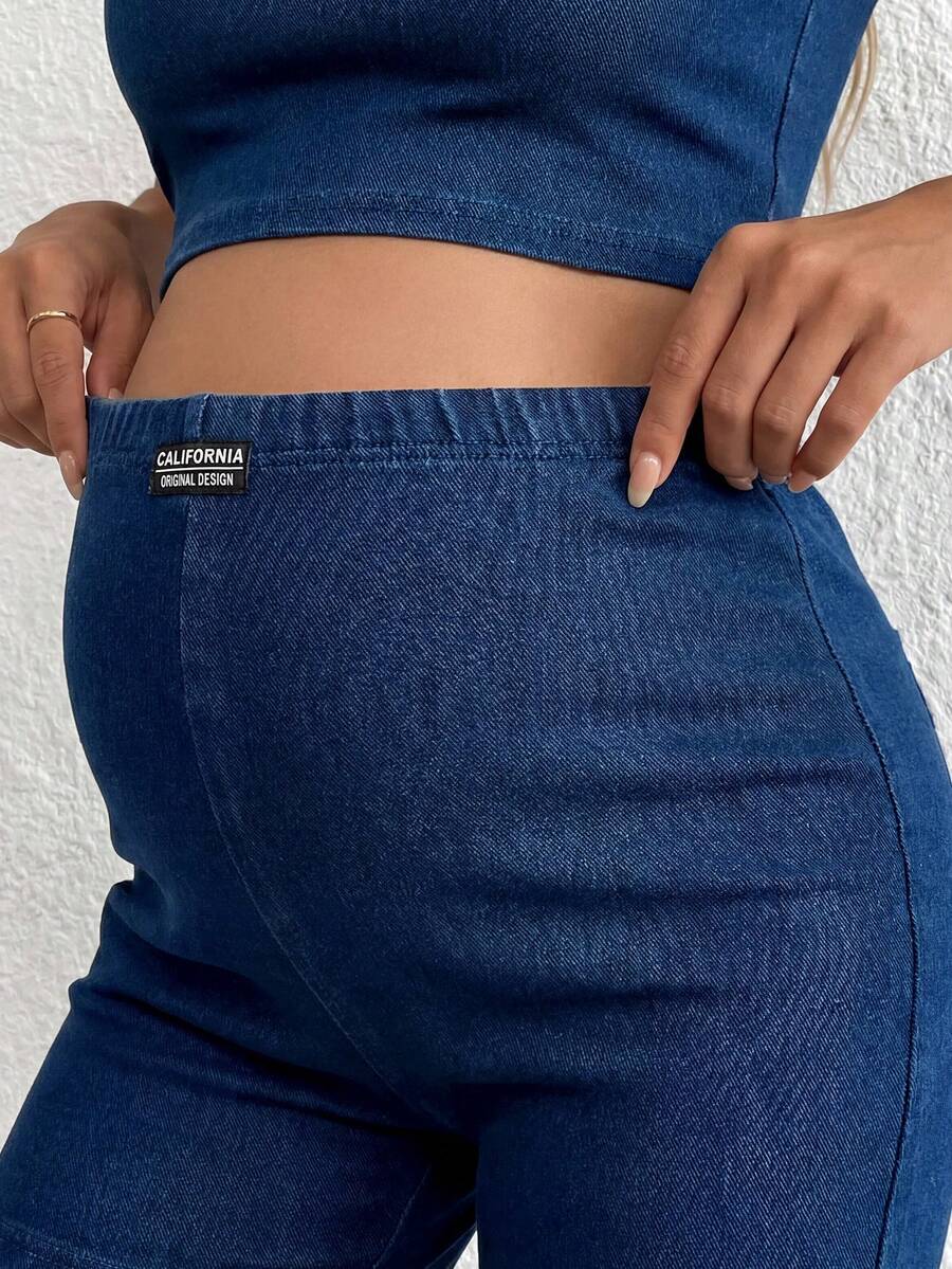 Blue Maternity Round Neck Cropped Tank Top and Letter Print Denim Shorts 2 Piece Set - Slim Fit Sleeveless Summer Y2K Streetwear