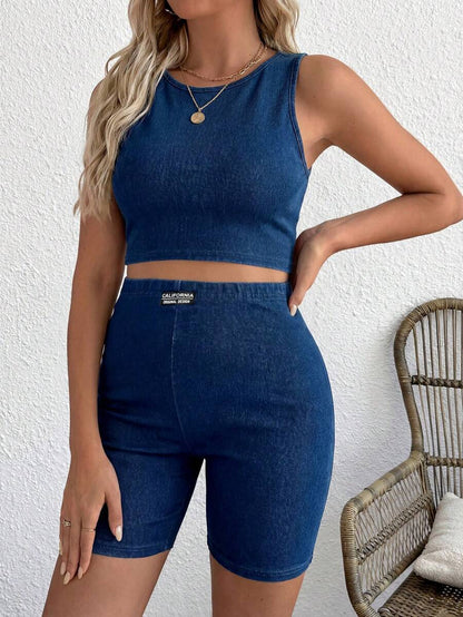 Blue Maternity Round Neck Cropped Tank Top and Letter Print Denim Shorts 2 Piece Set - Slim Fit Sleeveless Summer Y2K Streetwear