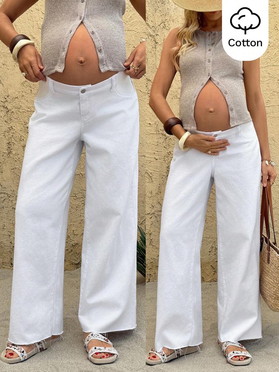 White Wide Leg Low-Waist Maternity Jeans – Loose Fit 100% Cotton Denim Streetwear Pants for Summer, Casual Commuting & Y2K Coquette Style
