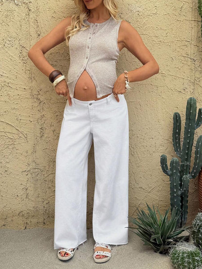 White Wide Leg Low-Waist Maternity Jeans – Loose Fit 100% Cotton Denim Streetwear Pants for Summer, Casual Commuting & Y2K Coquette Style