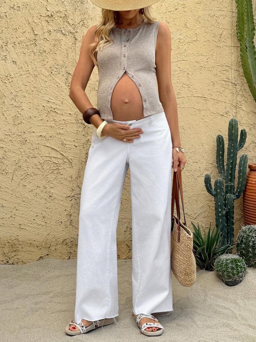 White Wide Leg Low-Waist Maternity Jeans – Loose Fit 100% Cotton Denim Streetwear Pants for Summer, Casual Commuting & Y2K Coquette Style