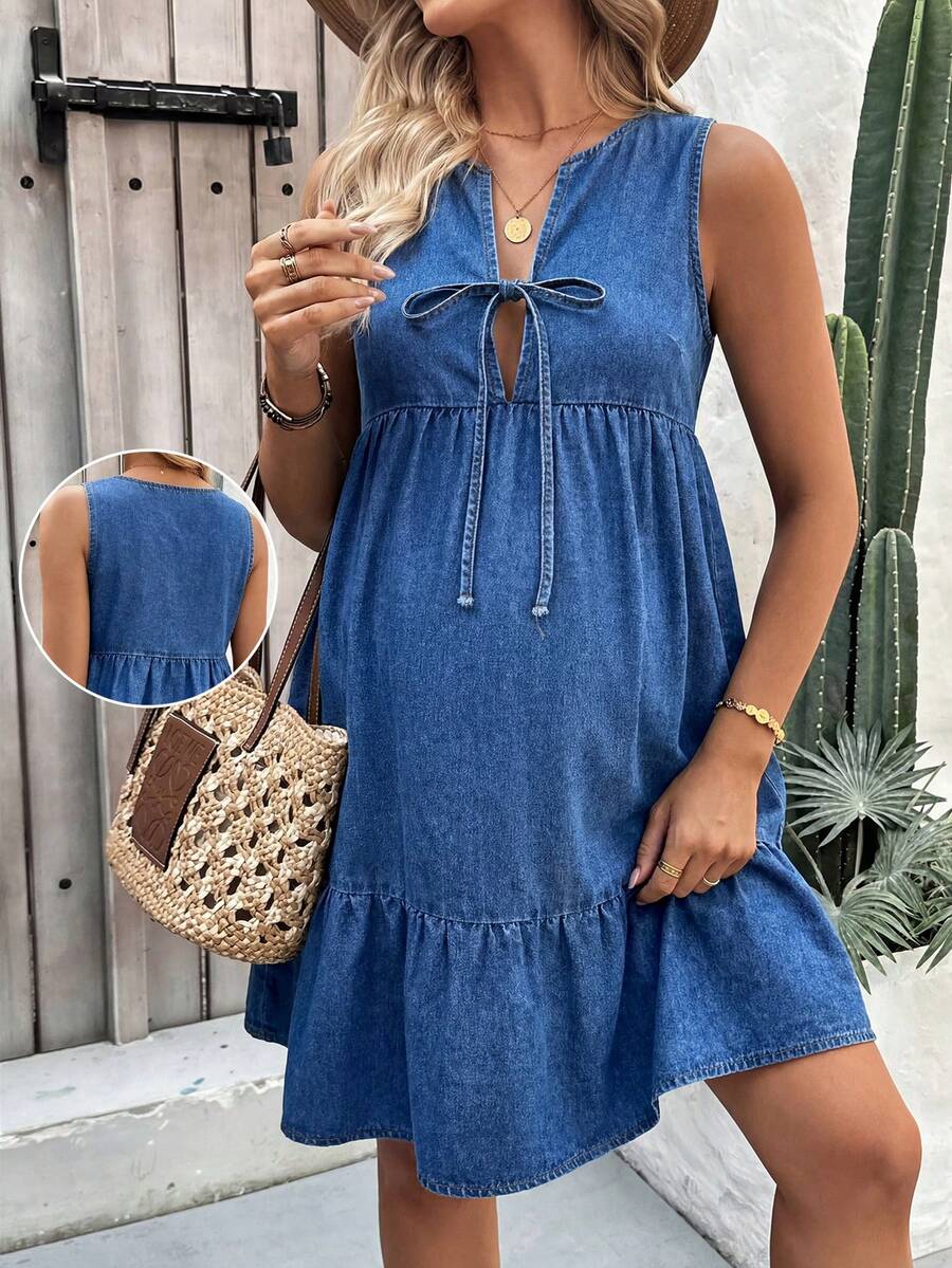 Blue Denim Spaghetti Strap Maternity Mini Dress with Bow Ruffle Hem – Chic Sleeveless V-Neck Summer Maternity Dress for Casual & Party Wear