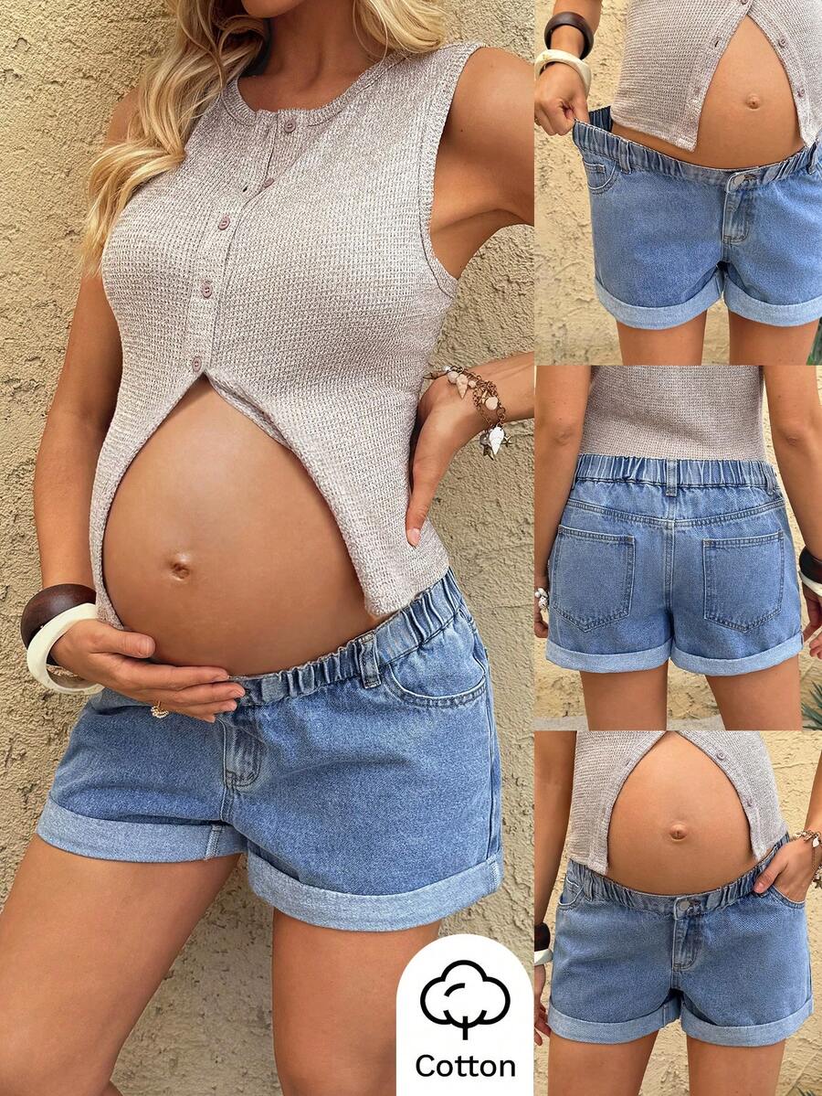 Light Blue Elastic Waist Maternity Denim Shorts – Casual Loose Fit Mini Jean Shorts with Pockets and Cuffed Hem