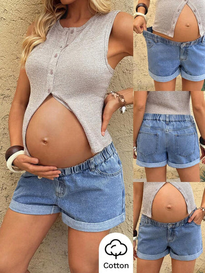 Light Blue Elastic Waist Maternity Denim Shorts – Casual Loose Fit Mini Jean Shorts with Pockets and Cuffed Hem