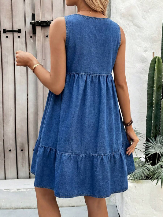 Blue Denim Spaghetti Strap Maternity Mini Dress with Bow Ruffle Hem – Chic Sleeveless V-Neck Summer Maternity Dress for Casual & Party Wear