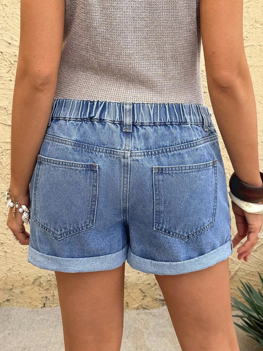 Light Blue Elastic Waist Maternity Denim Shorts – Casual Loose Fit Mini Jean Shorts with Pockets and Cuffed Hem