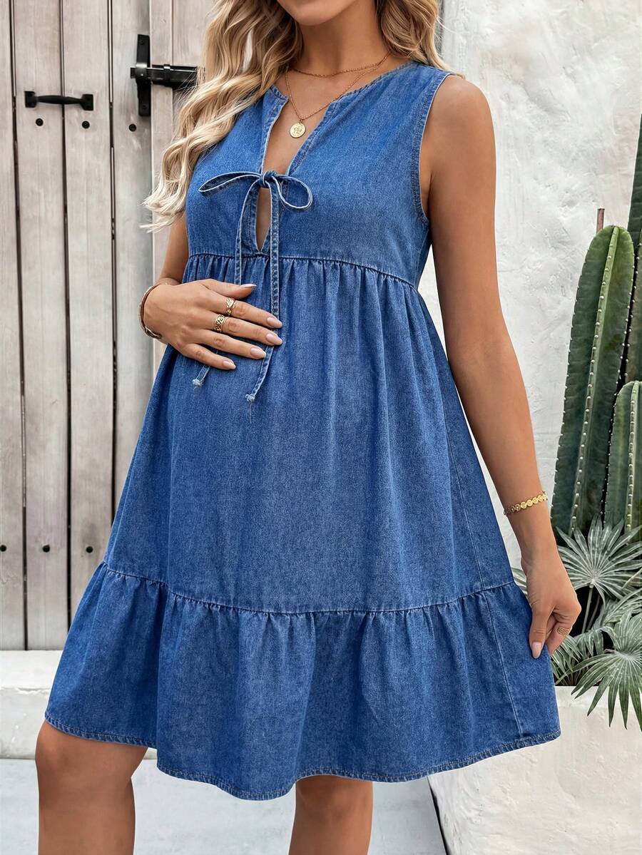 Blue Denim Spaghetti Strap Maternity Mini Dress with Bow Ruffle Hem – Chic Sleeveless V-Neck Summer Maternity Dress for Casual & Party Wear