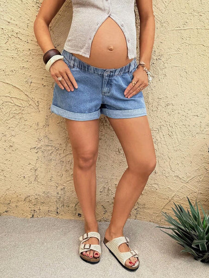 Light Blue Elastic Waist Maternity Denim Shorts – Casual Loose Fit Mini Jean Shorts with Pockets and Cuffed Hem