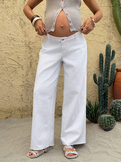 White Wide Leg Low-Waist Maternity Jeans – Loose Fit 100% Cotton Denim Streetwear Pants for Summer, Casual Commuting & Y2K Coquette Style