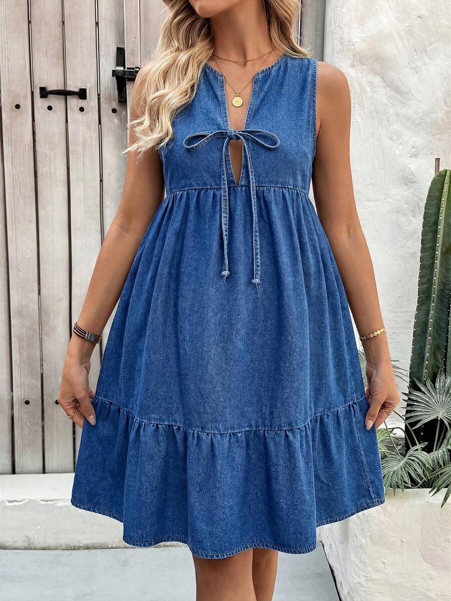 Blue Denim Spaghetti Strap Maternity Mini Dress with Bow Ruffle Hem – Chic Sleeveless V-Neck Summer Maternity Dress for Casual & Party Wear