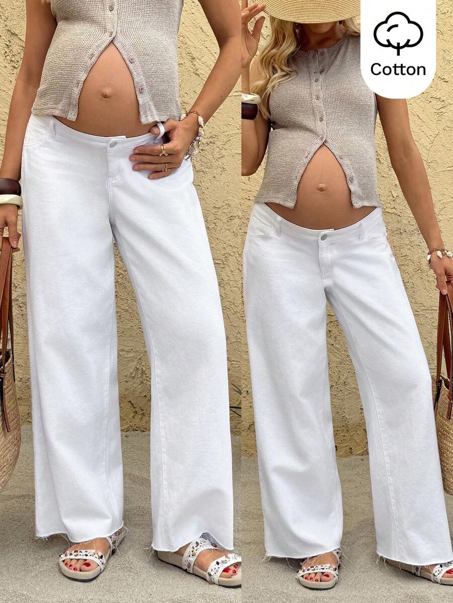 White Wide Leg Low-Waist Maternity Jeans – Loose Fit 100% Cotton Denim Streetwear Pants for Summer, Casual Commuting & Y2K Coquette Style
